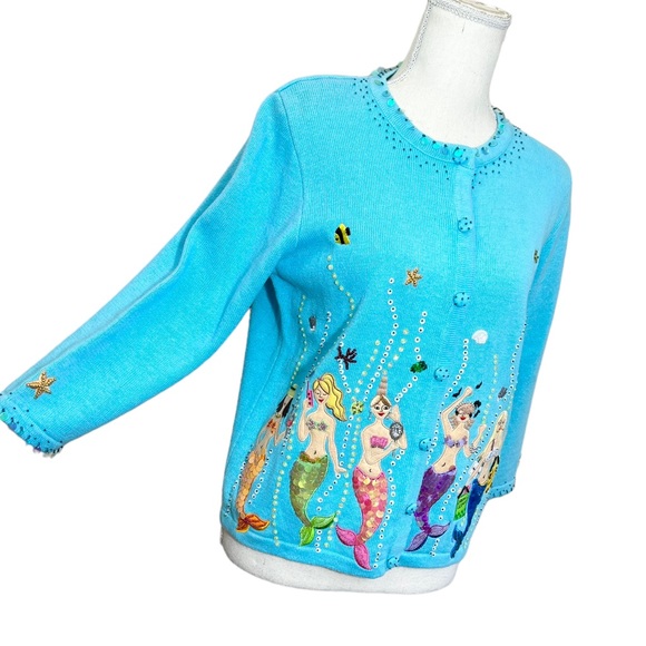 Vintage Jack B. Quick blue mermaid sequin beaded embroidery sweater cardigan M - Picture 3 of 16